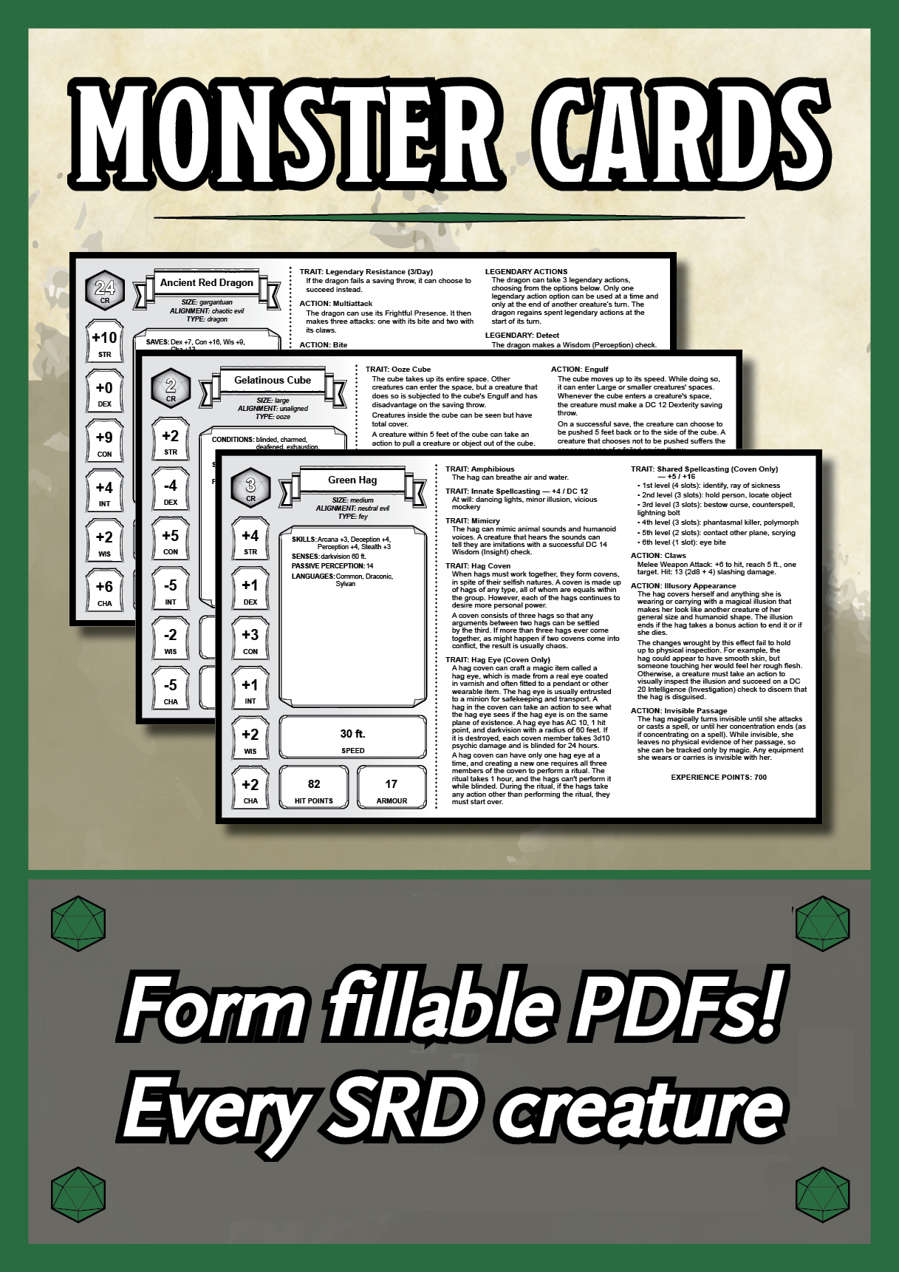 d d 5th edition monster cards matthew perkins wargame vault form fillable monster cards
